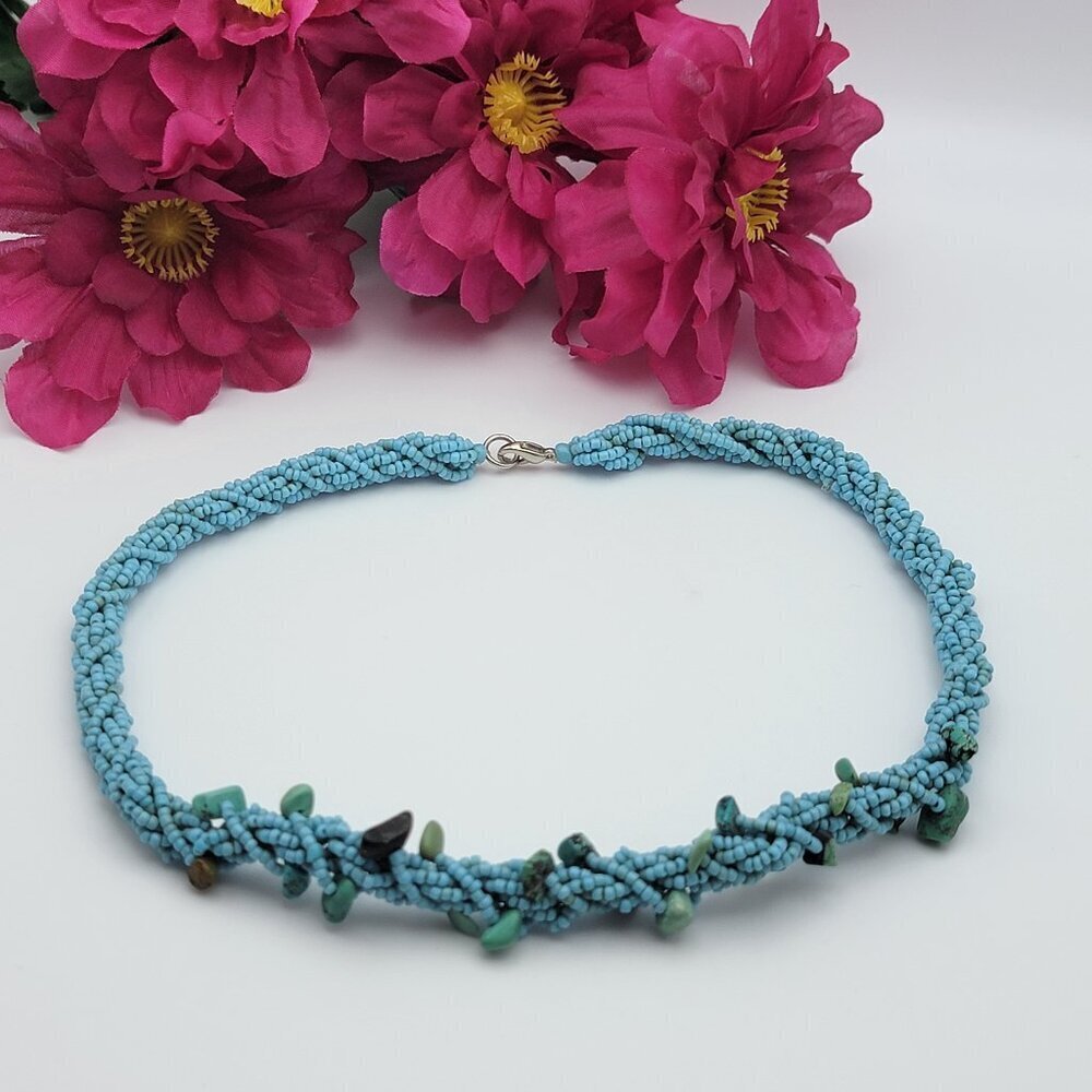 Artisan Blue Seed Bead And Turquoise Chip Twist Braided Choker Necklace 18 Inch